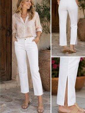 Soft Surroundings White Straight Leg Pants | Stretch Cotton Pull-On Casual Chic